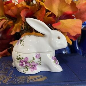 Floral Bunny Rabbit Trinket Box Bone China Lidded Dish Figurine Easter Decor